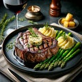 Grilled ribeye steak steak with asparagus and mashed potatoes on plate. Generative AI Royalty Free Stock Photo