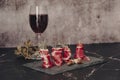 Plate of delicious Iberian ham on a wooden table background. Appetizing slices Iberian ham. Acorn-fed Iberico Ham. Pata Royalty Free Stock Photo