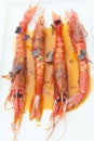Plate of delicious large prawns with their sauce