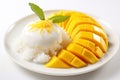 A plate of delicious mango sticky rice on white background. Generative AI.