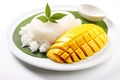 A plate of delicious mango sticky rice on white background. Generative AI.