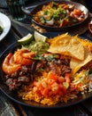 Plate of delicious Mexican food resting on a wooden table
