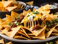 plate with delicious nachos with cheese on table, closeup