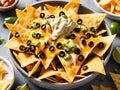 plate with delicious nachos with cheese on table, closeup