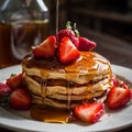 Plate of delicious pancakes with sliced strawberries and syrup. AI-generated. Royalty Free Stock Photo
