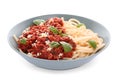 Plate with delicious pasta bolognese on white background Royalty Free Stock Photo