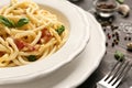 Plate with delicious pasta carbonara, closeup Royalty Free Stock Photo