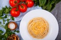 On a plate delicious pasta with grated cheese, next to a few cherry, parsley and spices. Royalty Free Stock Photo