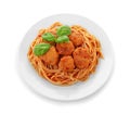 Plate of delicious pasta with meat balls and tomato sauce on white background Royalty Free Stock Photo