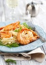 Plate of delicious prawns spaghetti with creamy sauce