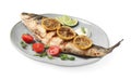 Plate with delicious roasted sea bass fish and garnish on white background
