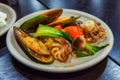 A plate with delicious seafood, NZ mussel and baby octopus for lunch