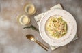 A plate of delicious shrimp alfredo with garlic and cream sauce over pasta. banner, menu, recipe place for text, top view Royalty Free Stock Photo