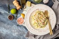 A plate of delicious shrimp alfredo with garlic and cream sauce over pasta. banner, menu, recipe place for text, top view Royalty Free Stock Photo