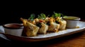 Gourmet Vegetable Samosa Rolls with Dipping Sauces Royalty Free Stock Photo