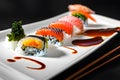Plate of delicious sushi served with wasabi and soy sauce Generative AI