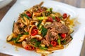 A plate of delicious and tempting stir-fried beef offal