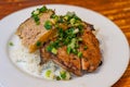 Plate of delicious Vietnam flavored grilled pork chop white rice Royalty Free Stock Photo