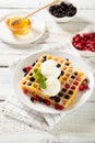 Plate with delicious waffles with berries and ice cream Royalty Free Stock Photo