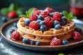 A plate of delicious waffles and berries are on the table