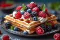 A plate of delicious waffles and berries are on the table