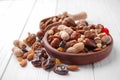 Plate with different nuts and dried fruits on wooden table Royalty Free Stock Photo