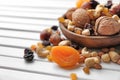 Plate with different nuts and dried fruits on wooden table Royalty Free Stock Photo