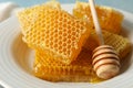 Plate with dipper and honeycombs against blue background