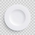 Plate dish 3D white round isolated on transparent background. Vector porcelain soup plate or bowl. Disposable plastic or paper rea