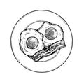 Plate dish with fried eggs and bacon. Hand drawn sketch style traditional breakfast drawing.