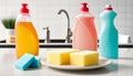 Plate with dishwashing liquid, sponge and soap on kitchen countertop. Generative AI Royalty Free Stock Photo