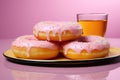 A plate of doughnuts with pink frosting and sprinkles