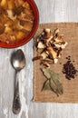 Plate with dried porcini mushroom soup and soup ingredients Royalty Free Stock Photo