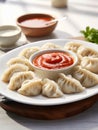 Plate of dumplings with tomato sauce. Royalty Free Stock Photo