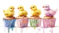 A plate of Easter chick cupcakes is illustrated in a whimsical watercolor style Royalty Free Stock Photo