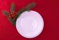 Plate Empty Christmas Decor Red Background Flat Lay New Year Menu Concept Royalty Free Stock Photo