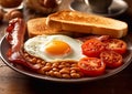 Plate with english breakfast with beans,toast,bacon,sausages and eggs on table.Macro.AI Generative