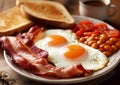 Plate with english breakfast with beans,toast,bacon,sausages and eggs on table.Macro.AI Generative