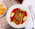 Grilled vegetable & x28; Escalibada& x29; with tuna and egg on plate in restaurant