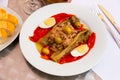 Grilled vegetable with tuna and egg on plate in restaurant