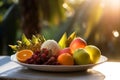 Plate of exotic tropical fruits, AI generated.