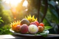 Plate of exotic tropical fruits including Litchi, pitaya, AI generated.