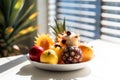 Plate of exotic tropical fruits including Litchi, pitaya, AI generated