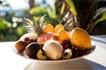 Plate of exotic tropical fruits including Litchi, pitaya, Durian, pineapple, mango, coconut, Guajava, Passion fruit, Passiflora,