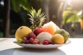 Plate of exotic tropical fruits including Litchi, pitaya, Durian, pineapple, mango, coconut, Guajava, Passion fruit, Passiflora,