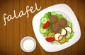 Plate of falafel on wooden table. Top view.