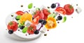 Plate with falling greek salad isolated on white background Royalty Free Stock Photo