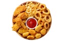 plate of fast food meals : onion rings, french fries, chicken nuggets and fried chicken isolated on white background Royalty Free Stock Photo