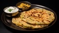 A plate featuring aloo paratha, accompanied by yogurt and pickles