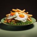 Hyper-realistic Rendering Of Fried Eggs And Chips With Mushy Peas